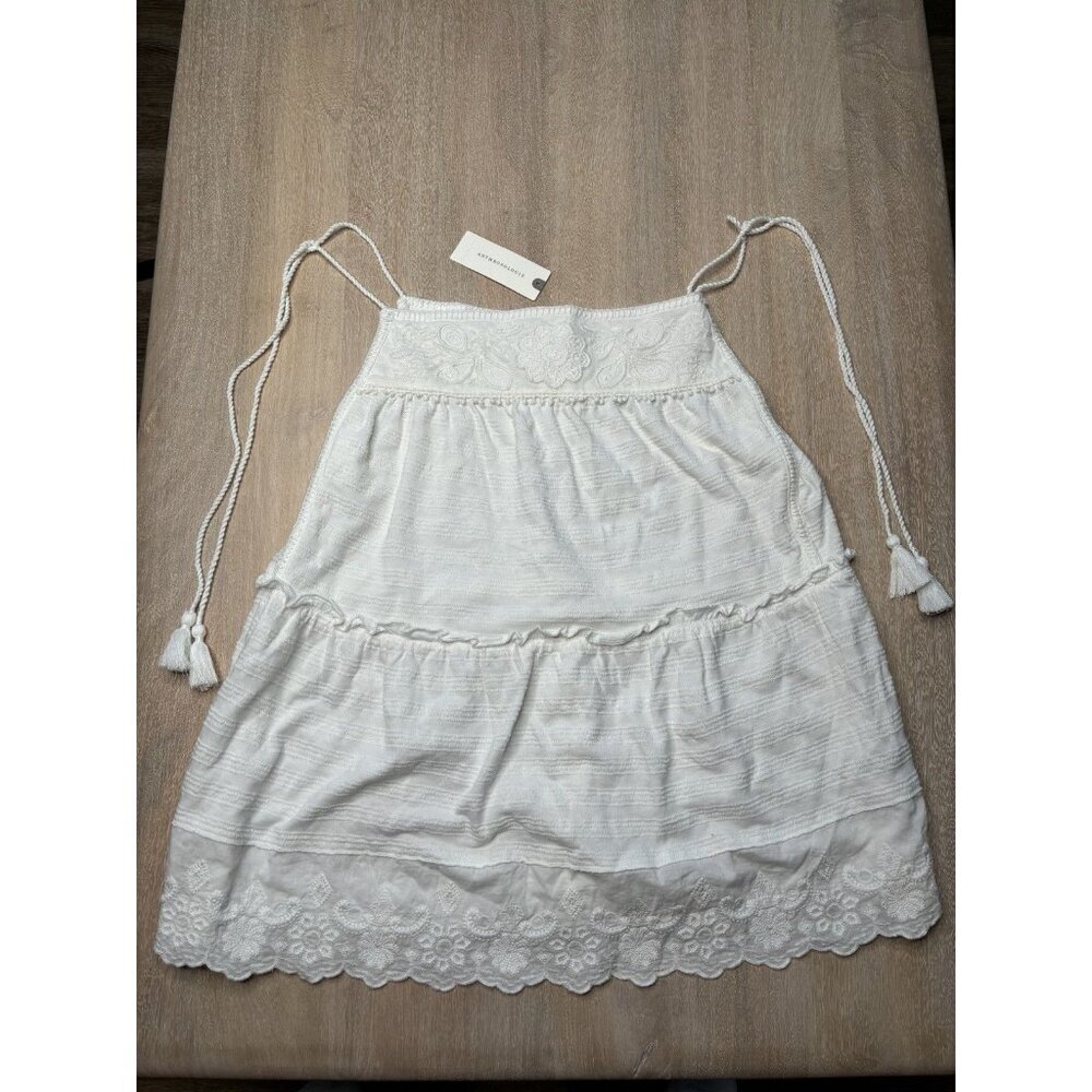 Anthropologie NWT White Embroidered Tank Top Tassel Tie Straps Tiered Boho XS - Picture 2 of 9
